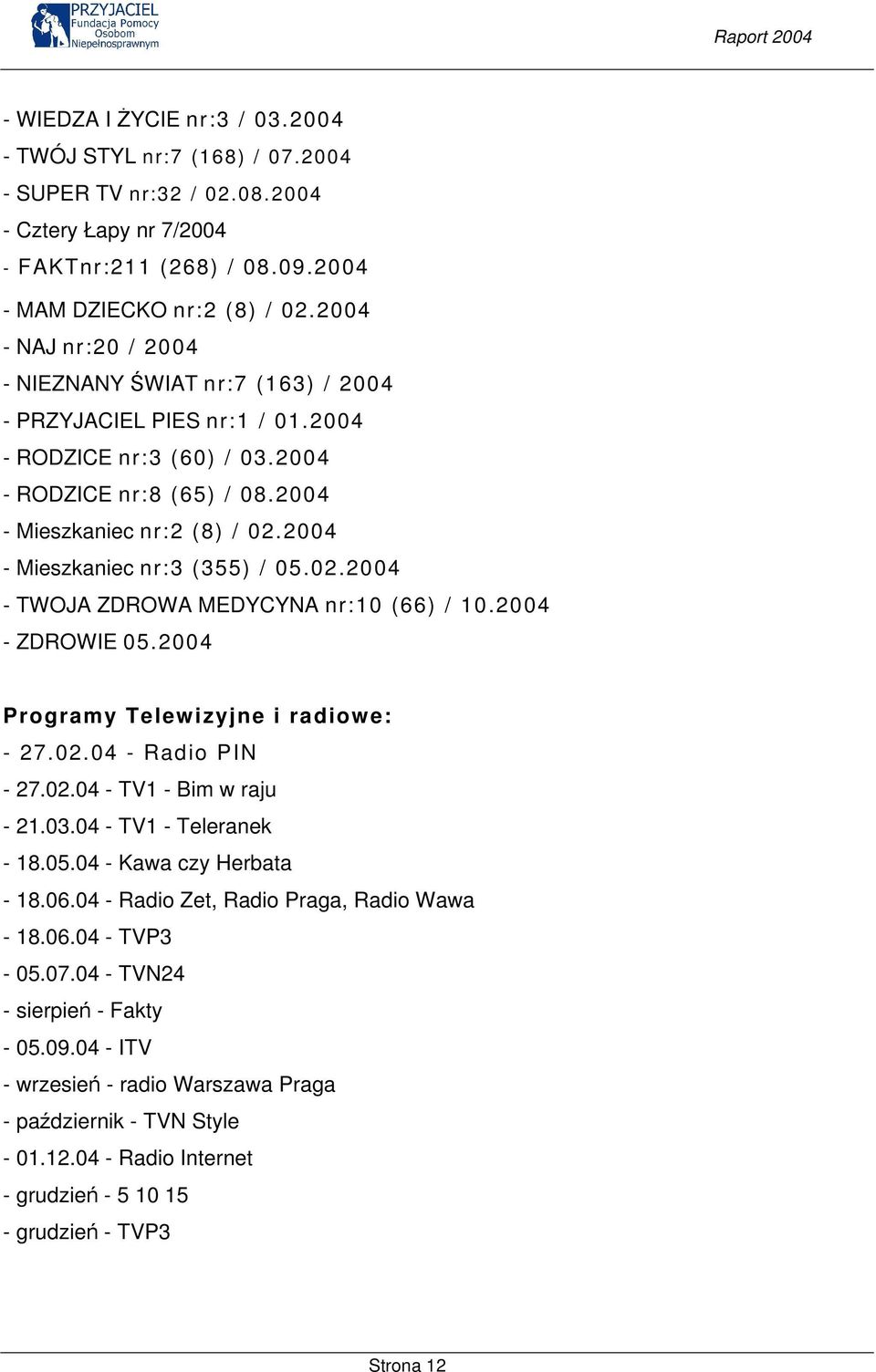 2004 - Mieszkaniec nr:3 (355) / 05.02.2004 - TWOJA ZDROWA MEDYCYNA nr:10 (66) / 10.2004 - ZDROWIE 05.2004 Programy Telewizyjne i radiowe: - 27.02.04 - Radio PIN - 27.02.04 - TV1 - Bim w raju - 21.03.