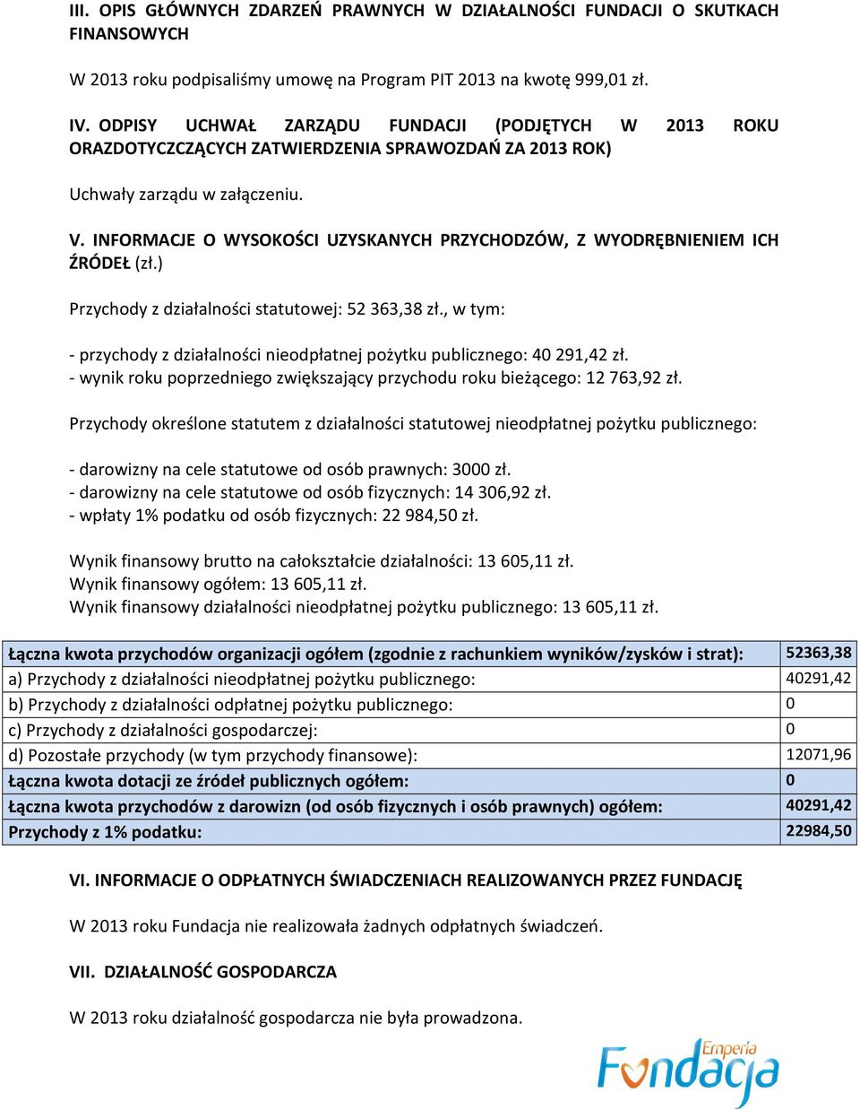 INFORMACJE O WYSOKOŚCI UZYSKANYCH PRZYCHODZÓW, Z WYODRĘBNIENIEM ICH ŹRÓDEŁ (zł.) Przychody z działalności statutowej: 52 363,38 zł.