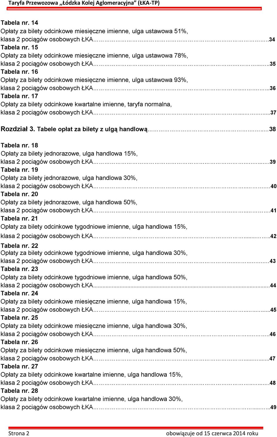 16 Opłaty za bilety odcinkowe miesięczne imienne, ulga ustawowa 93%, klasa 2 pociągów osobowych ŁKA......36 Tabela nr.