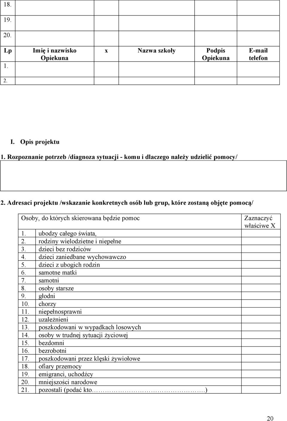 dzieci bez rodziców 4. dzieci zaniedbane wychowawczo 5. dzieci z ubogich rodzin 6. samotne matki 7. samotni 8. osoby starsze 9. głodni 10. chorzy 11. niepełnosprawni 12. uzależnieni 13.