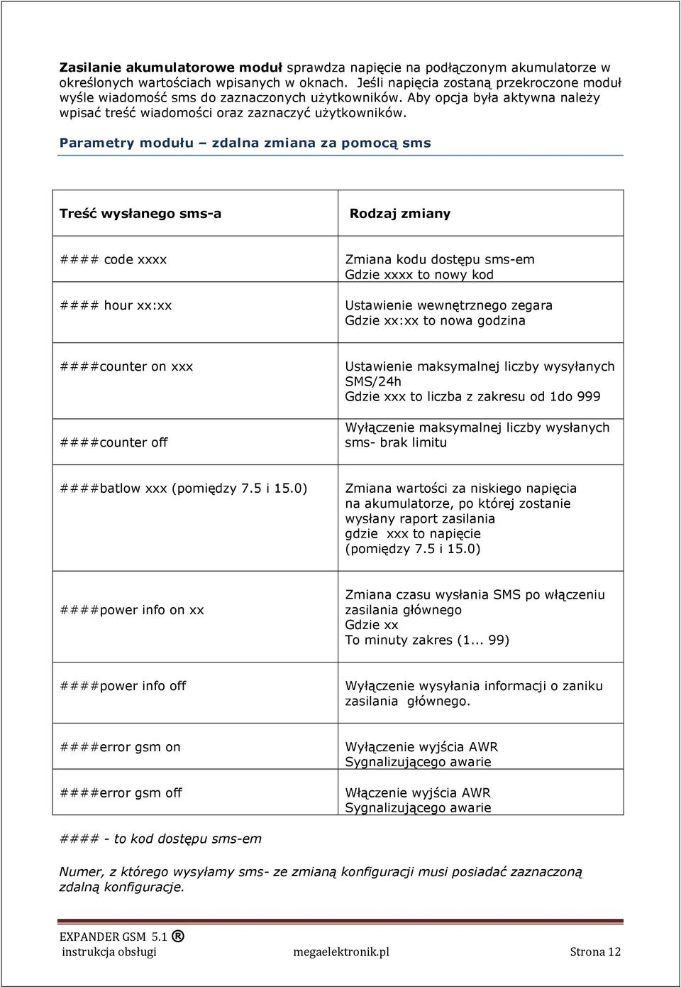 Parametry modułu zdalna zmiana za pomocą sms Treść wysłanego sms-a Rodzaj zmiany #### code xxxx Zmiana kodu dostępu sms-em Gdzie xxxx to nowy kod #### hour xx:xx Ustawienie wewnętrznego zegara Gdzie