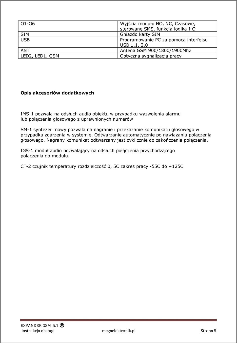 numerów SM-1 syntezer mowy pozwala na nagranie i przekazanie komunikatu głosowego w przypadku zdarzenia w systemie. Odtwarzanie automatycznie po nawiązaniu połączenia głosowego.