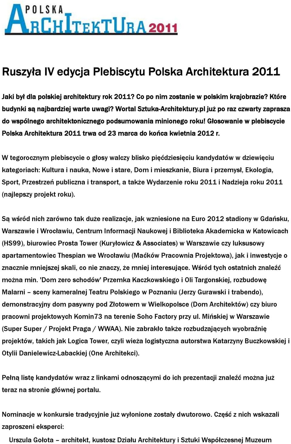 Głosowanie w plebiscycie Polska Architektura 2011 trwa od 23 marca do końca kwietnia 2012 r.