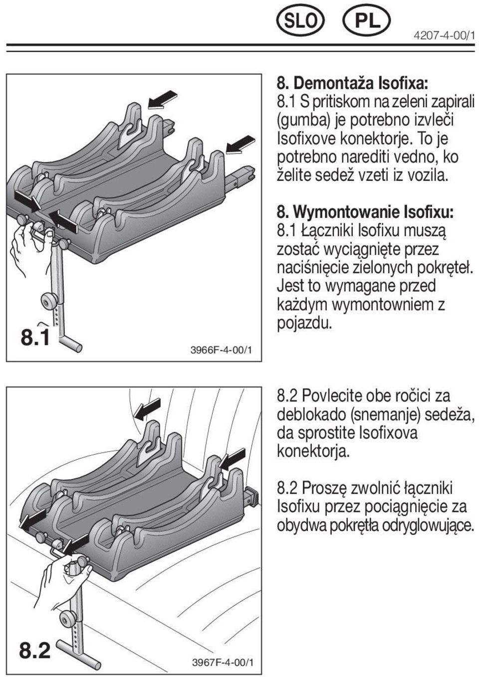 1 Łączniki Isofixu muszą zostać wyciągnięte przez naciśnięcie zielonych pokręteł. Jest to wymagane przed każdym wymontowniem z pojazdu. 8.