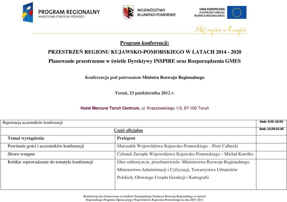 00 Część oficjalna Temat wystąpienia Prelegent Powitanie gości i uczestników konferencji Marszałek Województwa Kujawsko-Pomorskiego Piotr Całbecki Słowo wstępne Członek Zarządu Województwa