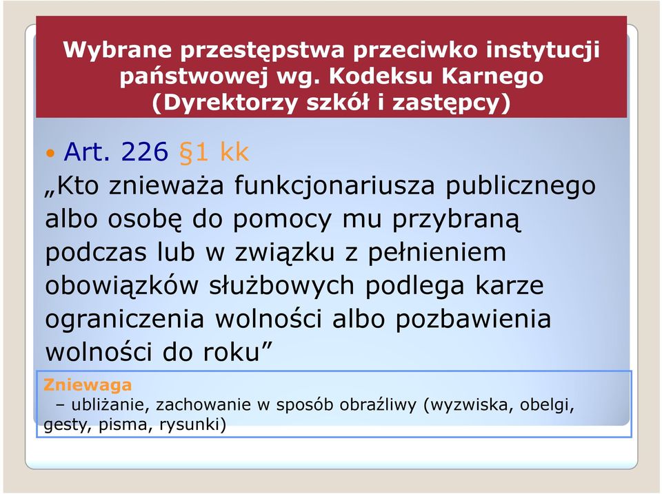 226 1 kk Kto zniewaŝa funkcjonariusza publicznego albo osobę do pomocy mu przybraną podczas lub w