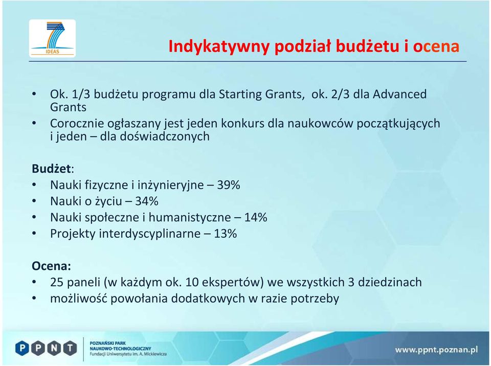 doświadczonych Budżet: Nauki fizyczne i inżynieryjne 39% Nauki o życiu 34% Nauki społeczne i humanistyczne 14%
