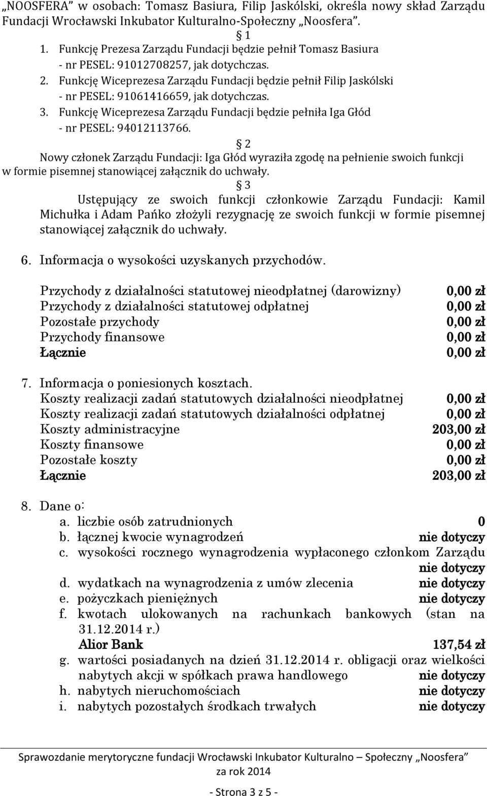 Funkcję Wiceprezesa Zarządu Fundacji będzie pełnił Filip Jaskólski - nr PESEL: 91061416659, jak dotychczas. 3. Funkcję Wiceprezesa Zarządu Fundacji będzie pełniła Iga Głód - nr PESEL: 94012113766.