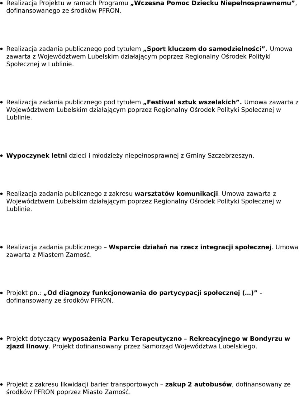 Realizacja zadania publicznego z zakresu warsztatów komunikacji. Umowa zawarta z Realizacja zadania publicznego Wsparcie działań na rzecz integracji społecznej. Umowa zawarta z Miastem Zamość.