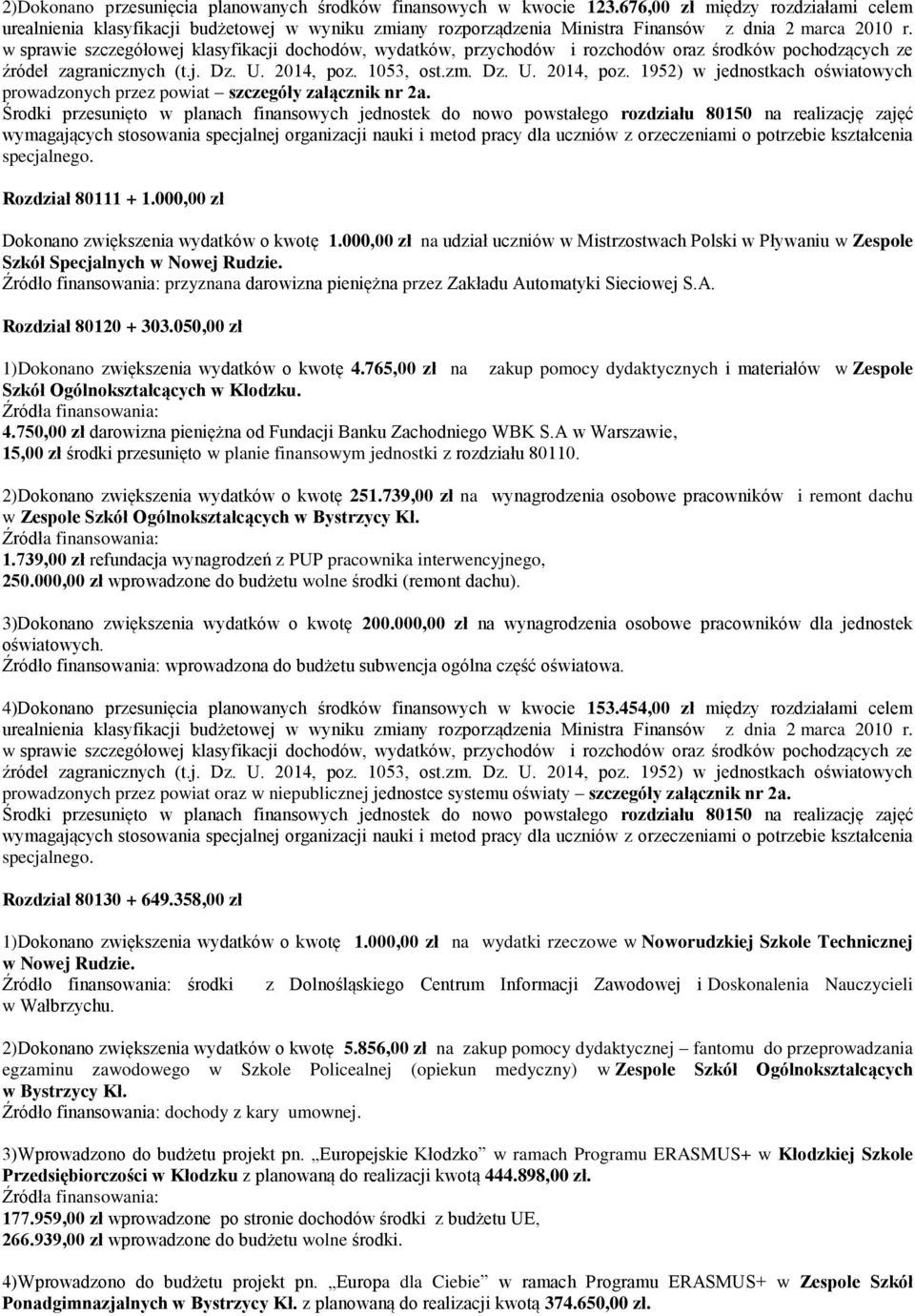 000,00 zł na udział uczniów w Mistrzostwach Polski w Pływaniu w Zespole Szkół Specjalnych w Nowej Rudzie. Źródło finansowania: przyznana darowizna pieniężna przez Zakładu Automatyki Sieciowej S.A. Rozdział 80120 + 303.