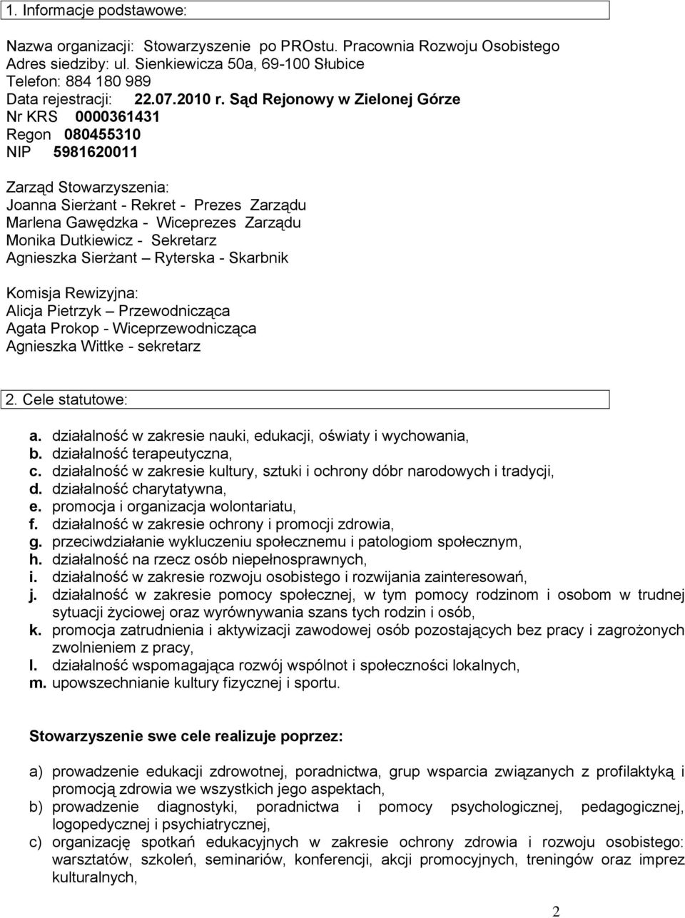 Sąd Rejonowy w Zielonej Górze Nr KRS 0000361431 Regon 080455310 NIP 5981620011 Zarząd Stowarzyszenia: Joanna Sierżant - Rekret - Prezes Zarządu Marlena Gawędzka - Wiceprezes Zarządu Monika Dutkiewicz