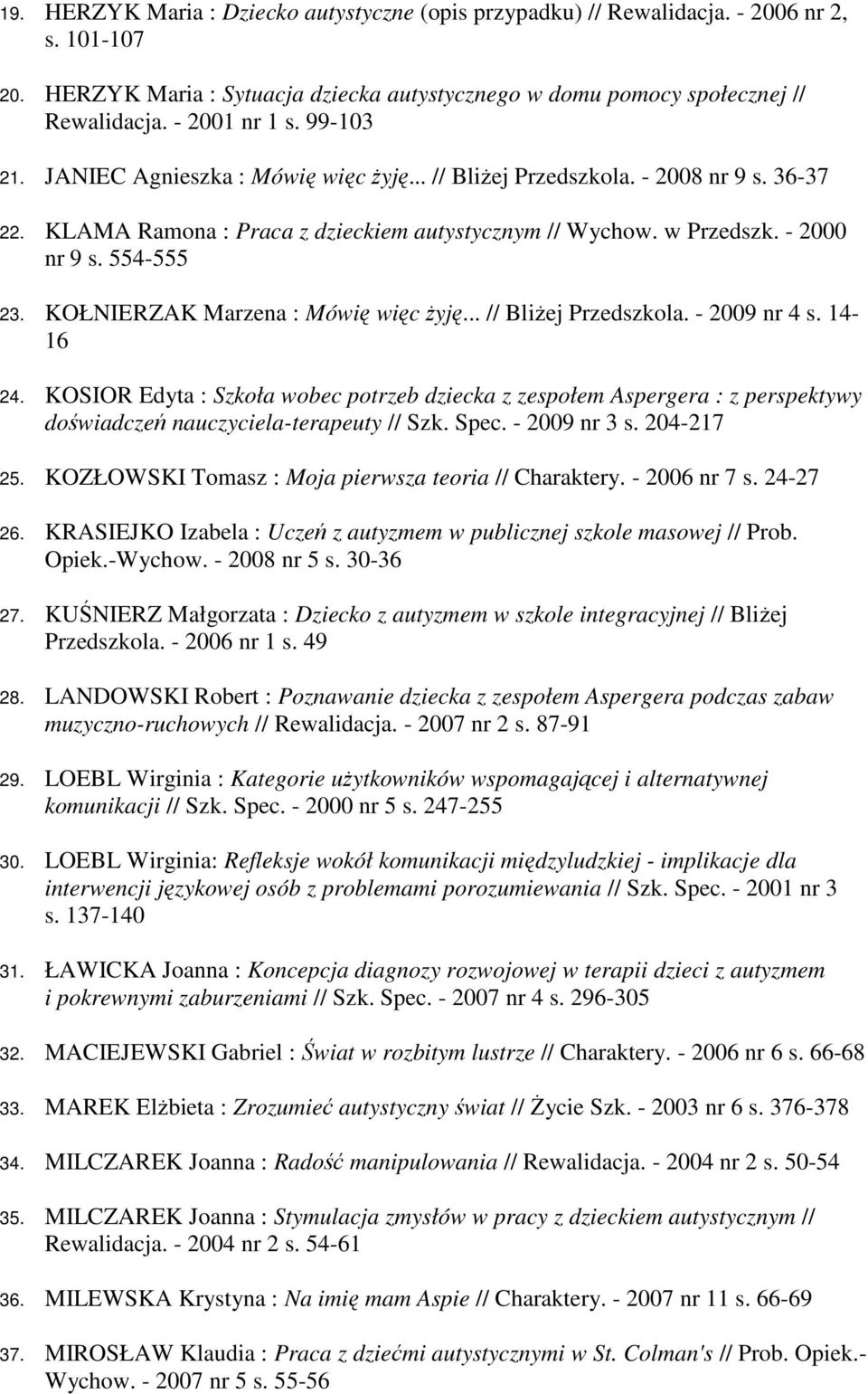 554-555 23. KOŁNIERZAK Marzena : Mówię więc Ŝyję... // BliŜej Przedszkola. - 2009 nr 4 s. 14-16 24.