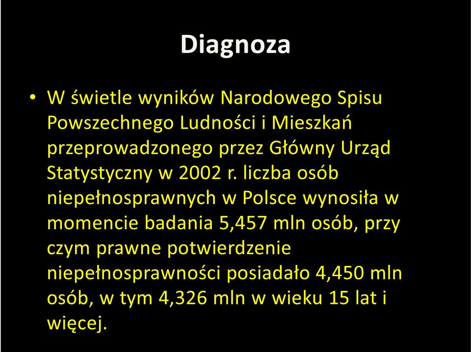 liczba osób niepełnosprawnych w Polsce wynosiła w momencie badania 5,457 mln osób,