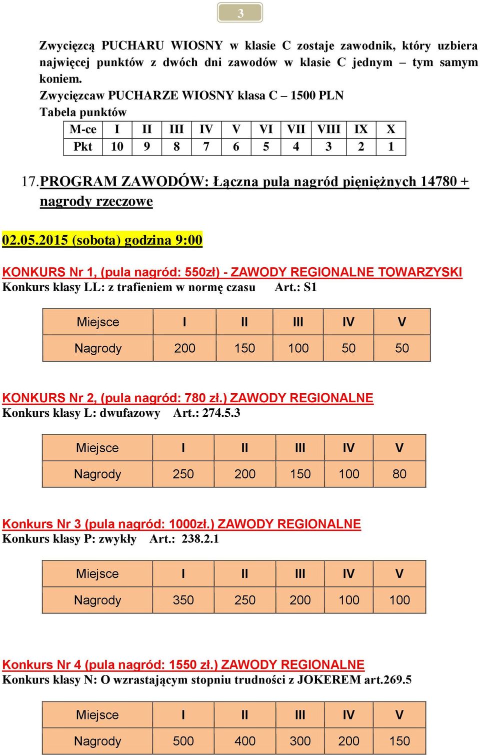 05.2015 (sobota) godzina 9:00 KONKURS Nr 1, (pula nagród: 550zł) - ZAWODY REGIONALNE TOWARZYSKI Konkurs klasy LL: z trafieniem w normę czasu Art.