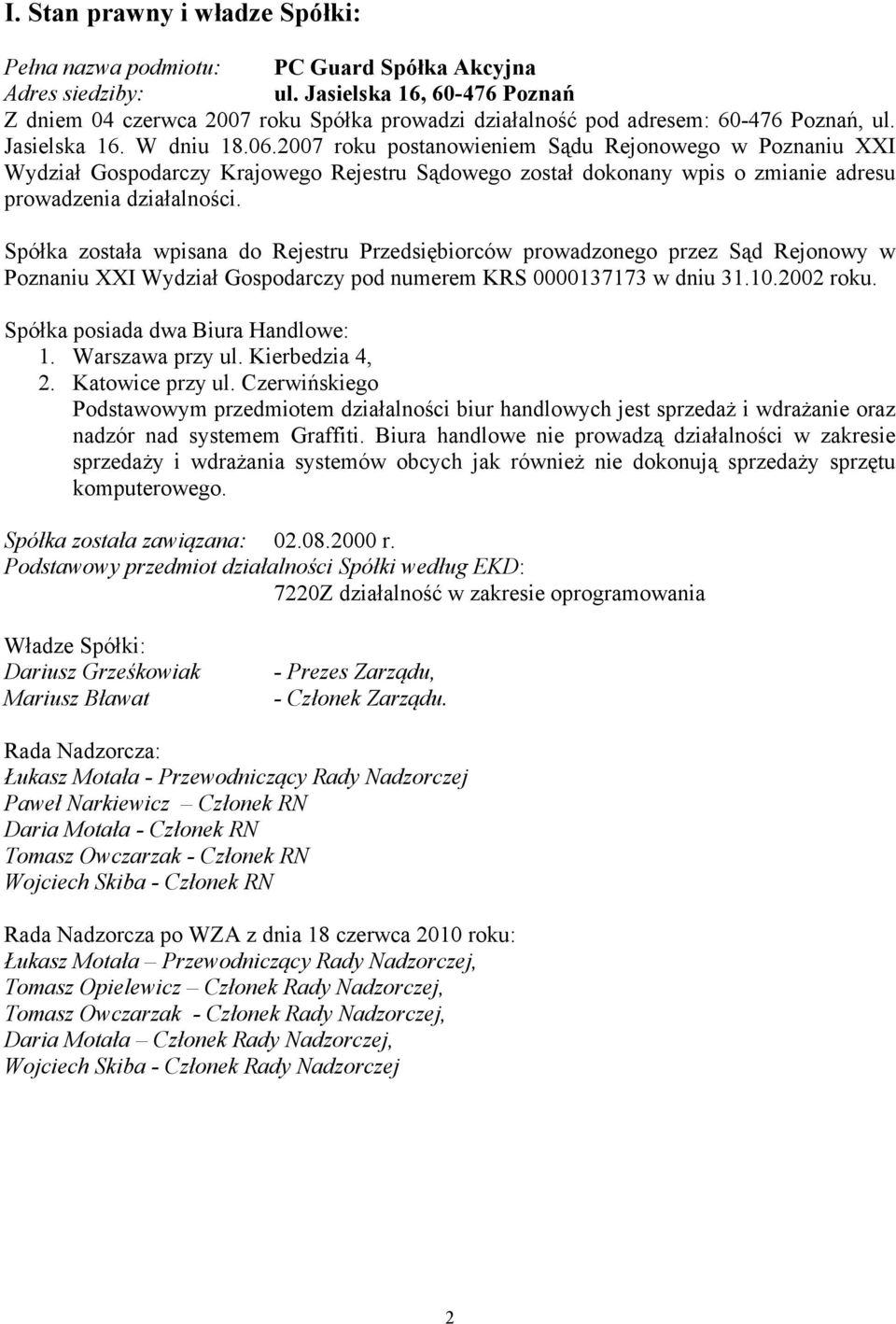 2007 roku postanowieniem Sądu Rejonowego w Poznaniu XXI Wydział Gospodarczy Krajowego Rejestru Sądowego został dokonany wpis o zmianie adresu prowadzenia działalności.