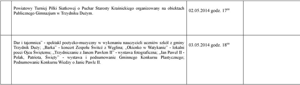 17 00 Dar i tajemnica - spektakl poetycko-muzyczny w wykonaniu nauczycieli uczniów szkół z gminy Trzydnik Duży; Barka - koncert Zespołu Świteź