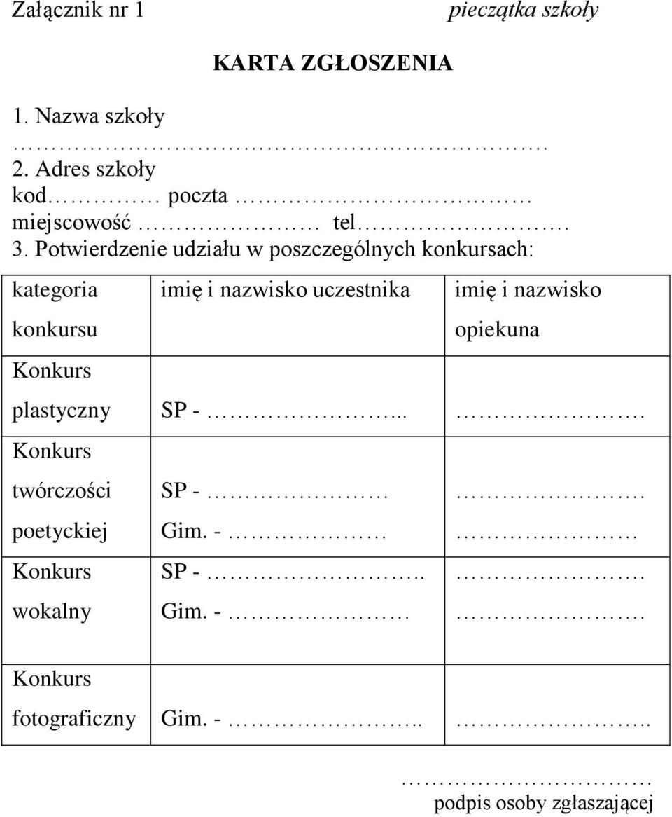 Potwierdzenie udziału w poszczególnych konkursach: kategoria konkursu imię i nazwisko