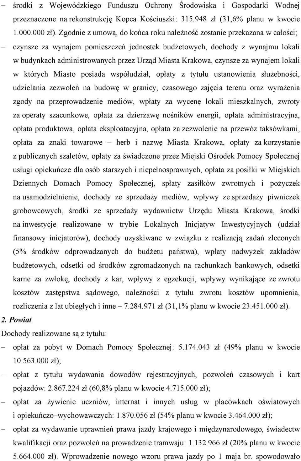 Krakowa, czynsze za wynajem lokali w których Miasto posiada współudział, opłaty z tytułu ustanowienia służebności, udzielania zezwoleń na budowę w granicy, czasowego zajęcia terenu oraz wyrażenia