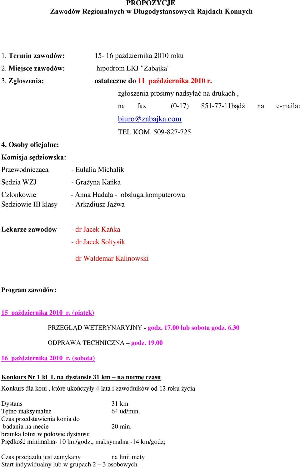 Osoby oficjalne: Komisja sędziowska: Przewodnicząca - Eulalia Michalik Sędzia WZJ - Grażyna Kańka Członkowie - Anna Hadała - obsługa komputerowa Sędziowie III klasy - Arkadiusz Jaźwa Lekarze zawodów