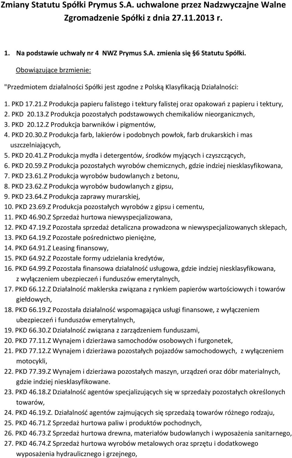 Z Produkcja papieru falistego i tektury falistej oraz opakowań z papieru i tektury, 2. PKD 20.13.Z Produkcja pozostałych podstawowych chemikaliów nieorganicznych, 3. PKD 20.12.