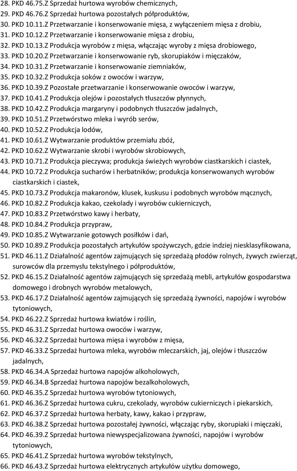 Z Przetwarzanie i konserwowanie ryb, skorupiaków i mięczaków, 34. PKD 10.31.Z Przetwarzanie i konserwowanie ziemniaków, 35. PKD 10.32.Z Produkcja soków z owoców i warzyw, 36. PKD 10.39.