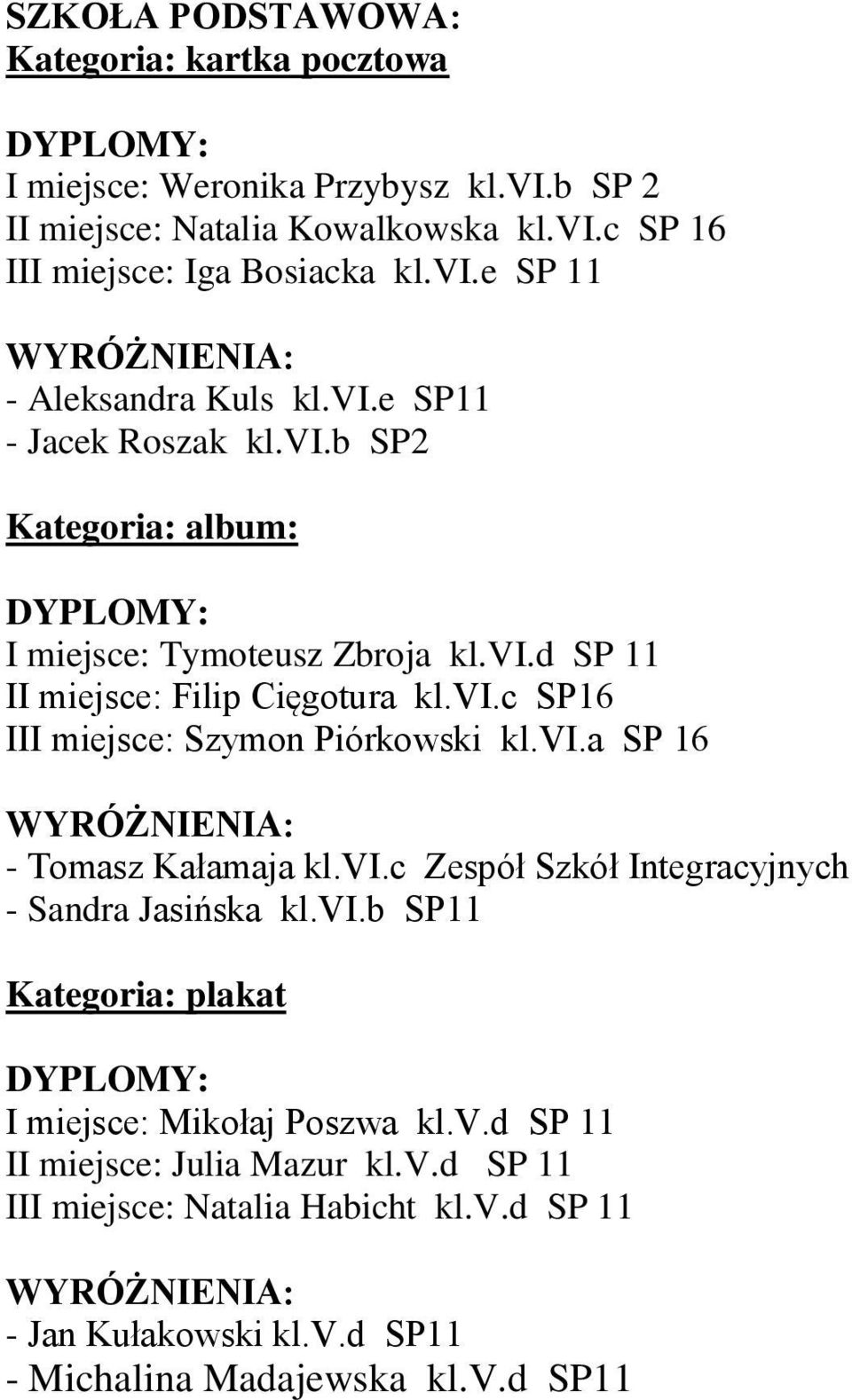 vi.a SP 1 - Tomasz Kałamaja kl.vi.c Zespół Szkół Integracyjnych - Sandra Jasińska kl.vi.b SP11 Kategoria: plakat I miejsce: Mikołaj Poszwa kl.v.d SP 11 II miejsce: Julia Mazur kl.
