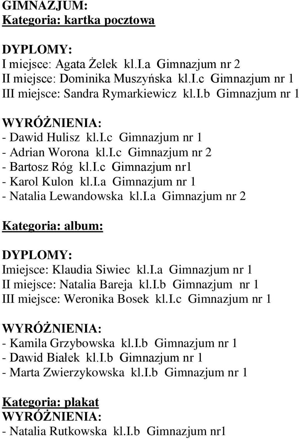 i.a Gimnazjum nr 1 II miejsce: Natalia Bareja kl.i.b Gimnazjum nr 1 III miejsce: Weronika Bosek kl.i.c Gimnazjum nr 1 - Kamila Grzybowska kl.i.b Gimnazjum nr 1 - Dawid Białek kl.i.b Gimnazjum nr 1 - Marta Zwierzykowska kl.