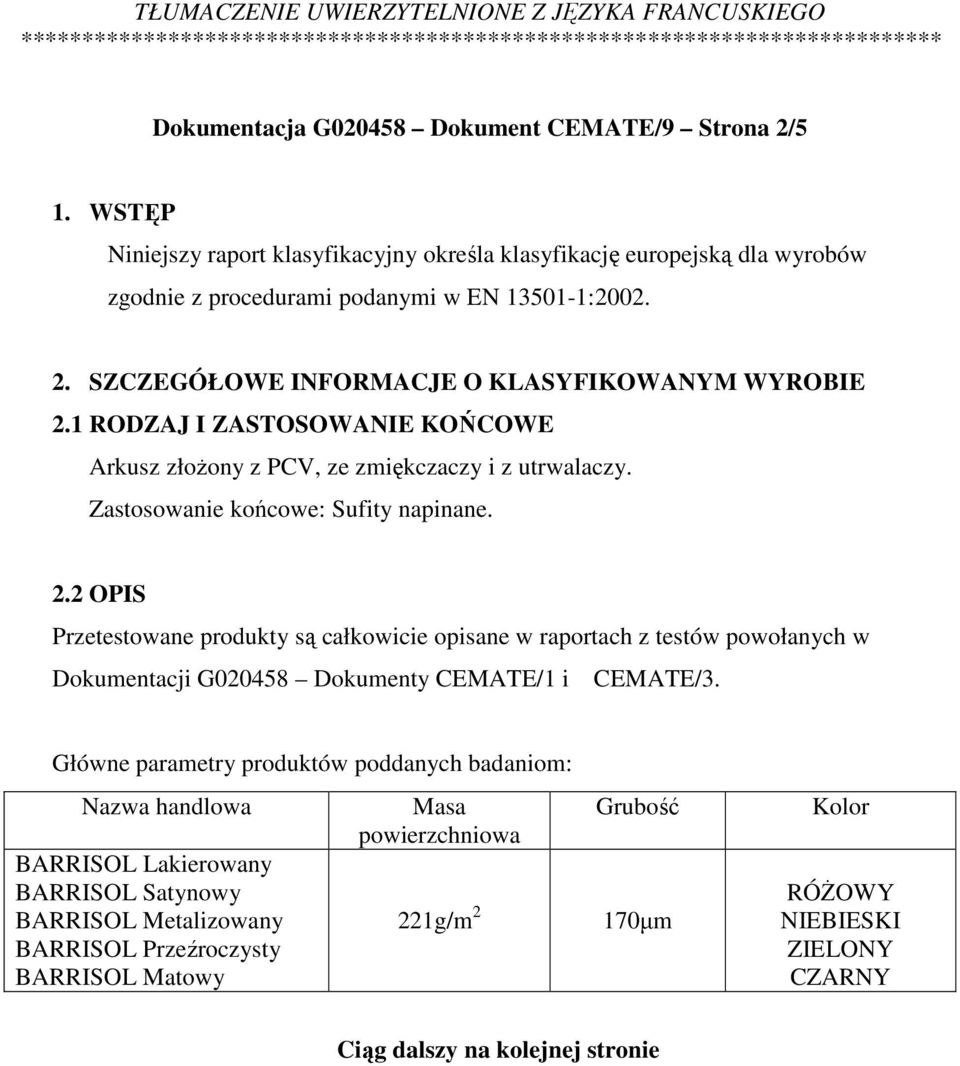 2 OPIS Przetestowane produkty są całkowicie opisane w raportach z testów powołanych w Dokumentacji G020458 Dokumenty CEMATE/1 i CEMATE/3.