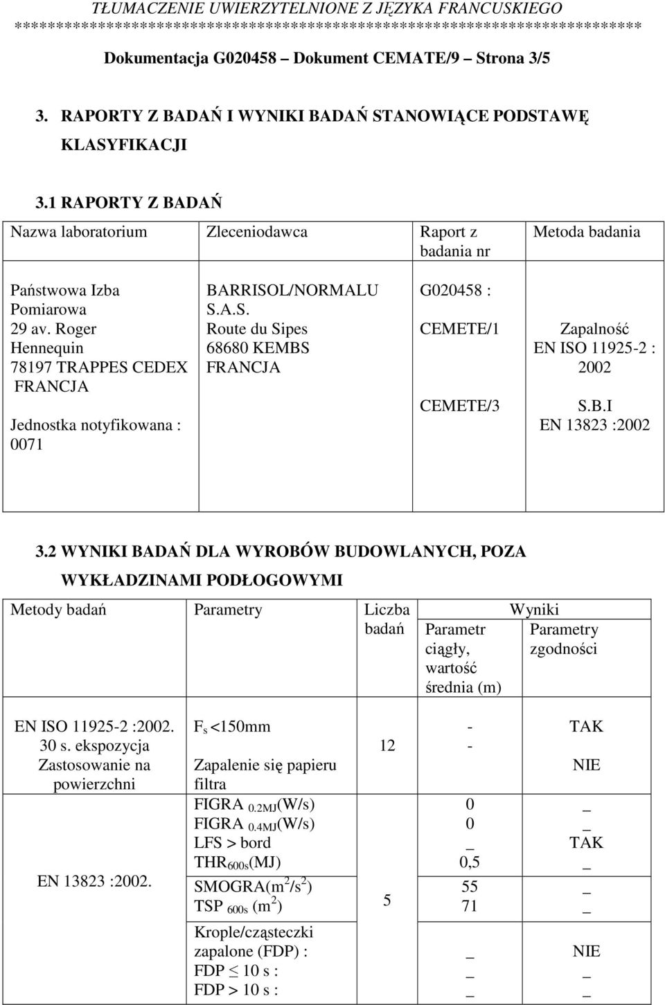 Roger Hennequin 78197 TRAPPES CEDEX Jednostka notyfikowana : 0071 BARRISOL/NORMALU S.A.S. Route du Sipes 68680 KEMBS G020458 : CEMETE/1 CEMETE/3 Zapalność EN ISO 11925-2 : 2002 S.B.I EN 13823 :2002 3.