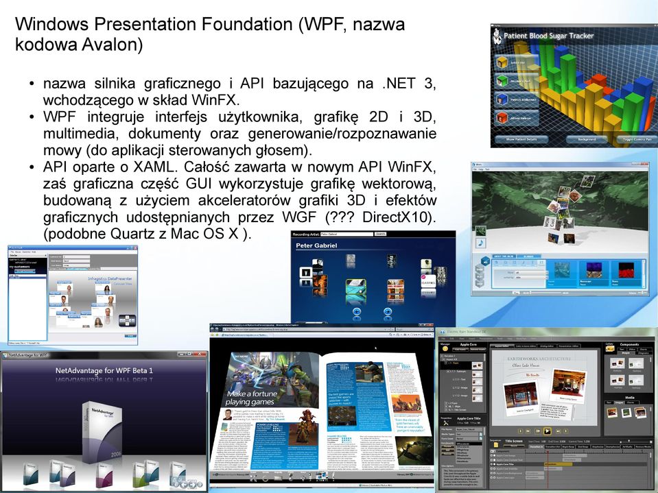 WPF integruje interfejs użytkownika, grafikę 2D i 3D, multimedia, dokumenty oraz generowanie/rozpoznawanie mowy (do aplikacji