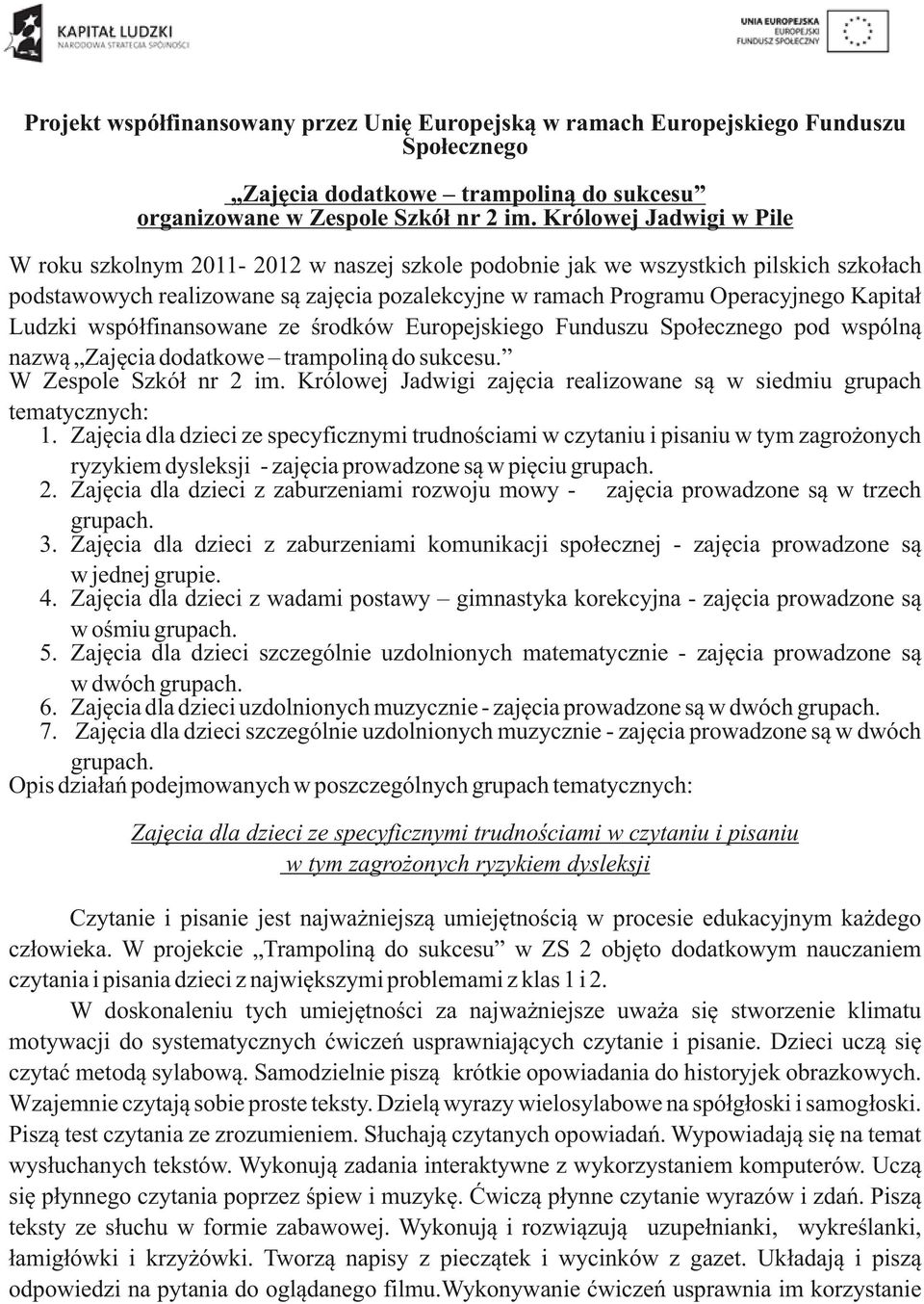 Ludzki współfinansowane ze środków Europejskiego Funduszu Społecznego pod wspólną nazwą Zajęcia dodatkowe trampoliną do sukcesu. W Zespole Szkół nr 2 im.