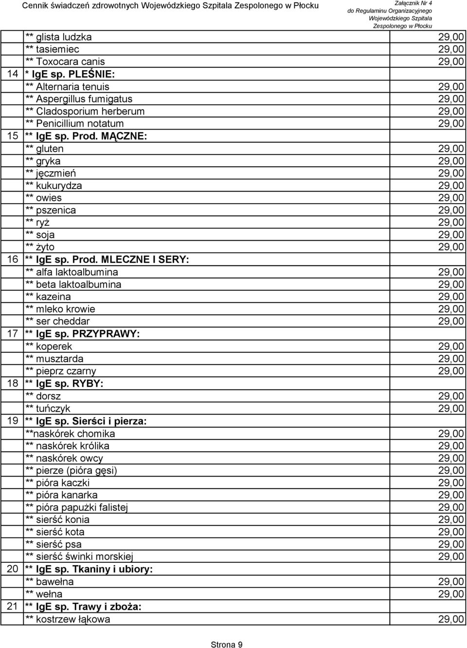 MĄCZNE: ** gluten 29,00 ** gryka 29,00 ** jęczmień 29,00 ** kukurydza 29,00 ** owies 29,00 ** pszenica 29,00 ** ryż 29,00 ** soja 29,00 ** żyto 29,00 16 ** IgE sp. Prod.