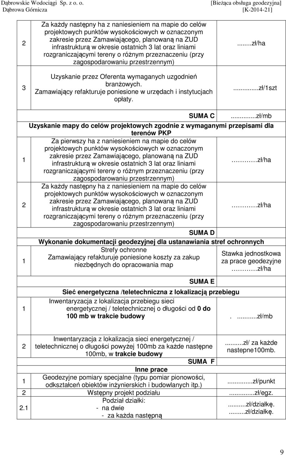 Zamawiający refakturuje poniesione w urzędach i instytucjach opłaty....zł/ha...zł/szt SUMA C.