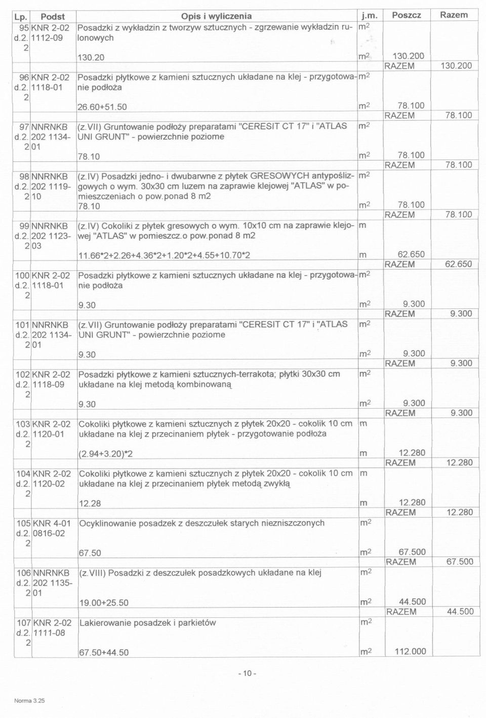 vii) Gruntowanie podlozy preparatami "CERESIT CT 7" j "ATLAS m d.. 0 3- UNI GRUNT' - powierzchnie poziome 0 78.0 m 78.00 RAZEM 78.00 98 NNRNKB (z.