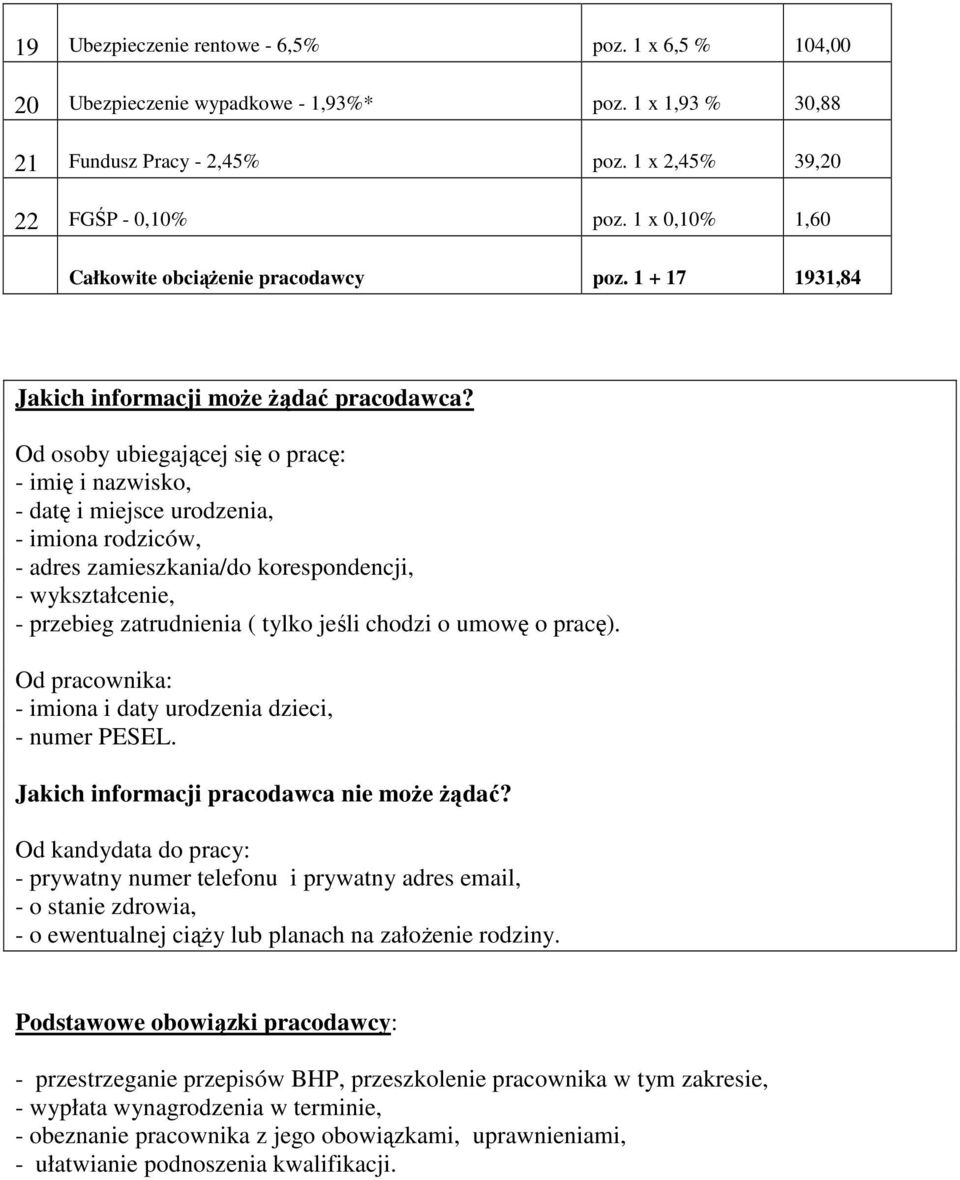 Od osoby ubiegającej się o pracę: - imię i nazwisko, - datę i miejsce urodzenia, - imiona rodziców, - adres zamieszkania/do korespondencji, - wykształcenie, - przebieg zatrudnienia ( tylko jeśli