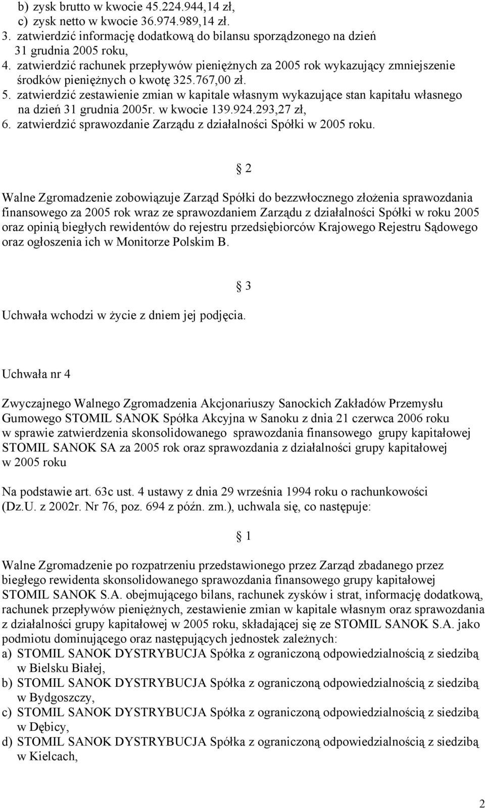 zatwierdzić zestawienie zmian w kapitale własnym wykazujące stan kapitału własnego na dzień 31 grudnia 2005r. w kwocie 139.924.293,27 zł, 6.