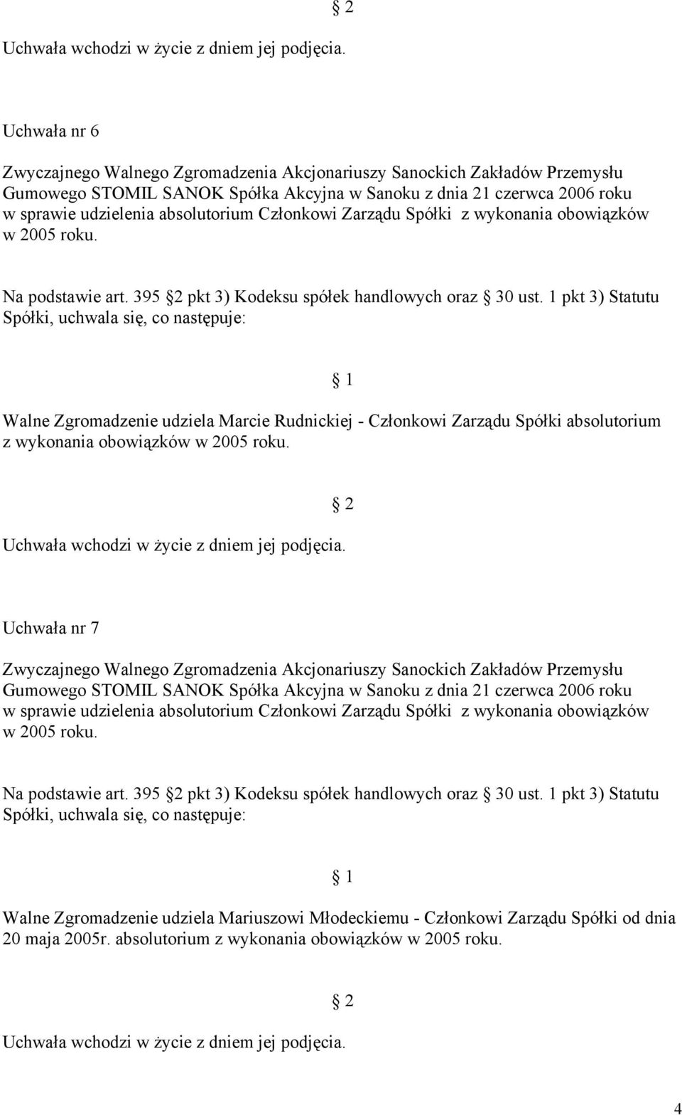 Uchwała nr 7 w sprawie udzielenia absolutorium Członkowi Zarządu Spółki z wykonania obowiązków w 2005 roku.