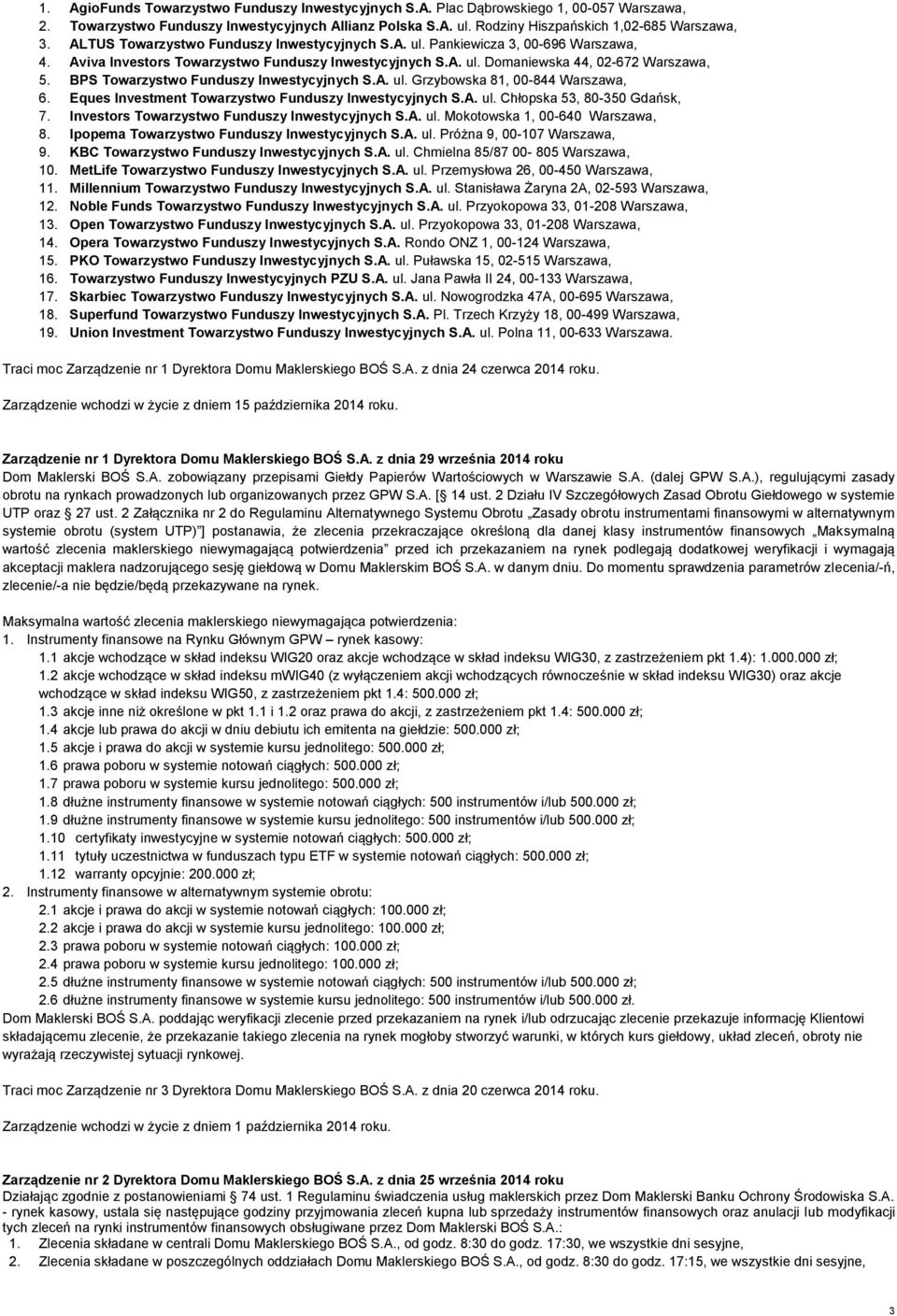 BPS Towarzystwo Funduszy Inwestycyjnych S.A. ul. Grzybowska 81, 00-844 Warszawa, 6. Eques Investment Towarzystwo Funduszy Inwestycyjnych S.A. ul. Chłopska 53, 80-350 Gdańsk, 7.