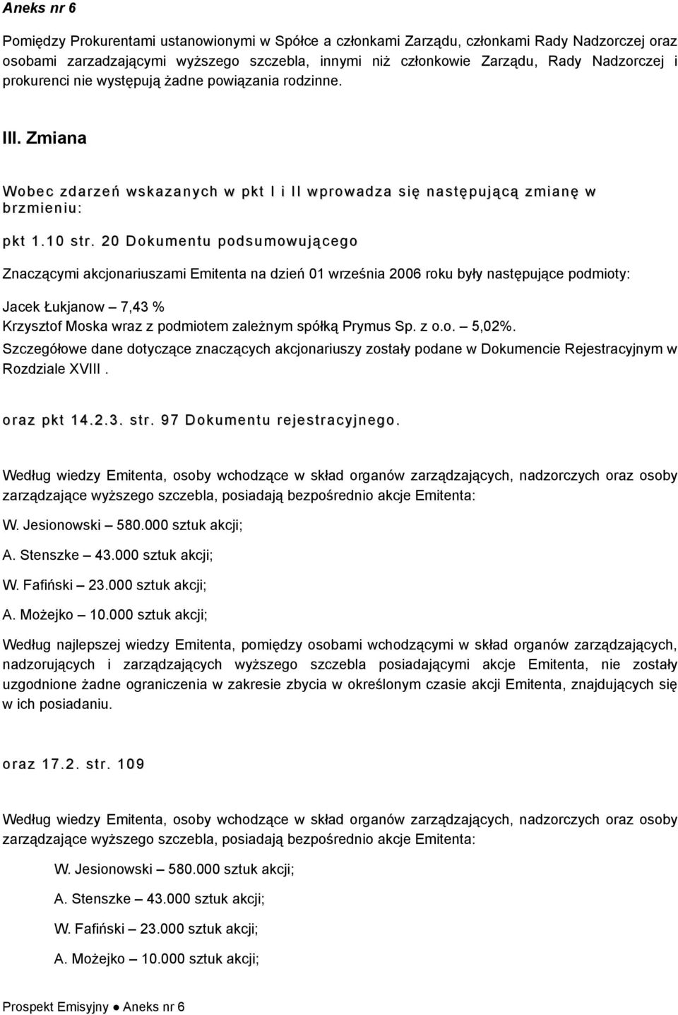 20 Dkumentu pdsumwująceg Znaczącymi akcjnariuszami Emitenta na dzień 01 września 2006 rku były następujące pdmity: Jacek Łukjanw 7,43 % Krzysztf Mska wraz z pdmitem zależnym spółką Prymus Sp. z.. 5,02%.