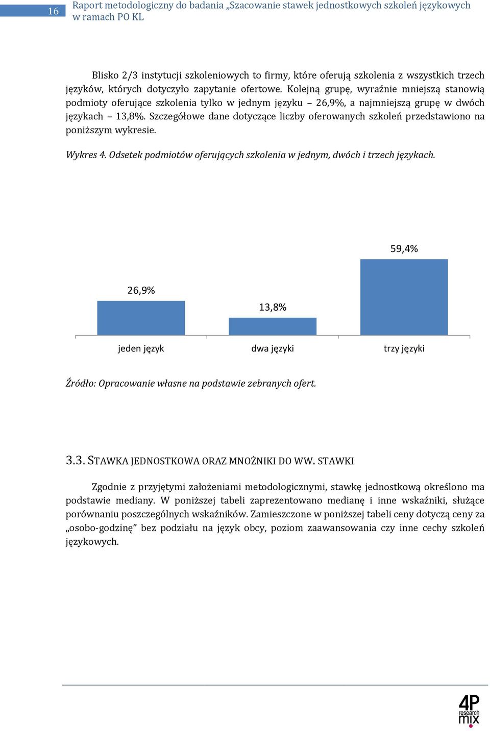 Szczegółowe dane dotyczące liczby oferowanych szkoleń przedstawiono na poniższym wykresie. Wykres 4. Odsetek podmiotów oferujących szkolenia w jednym, dwóch i trzech językach.