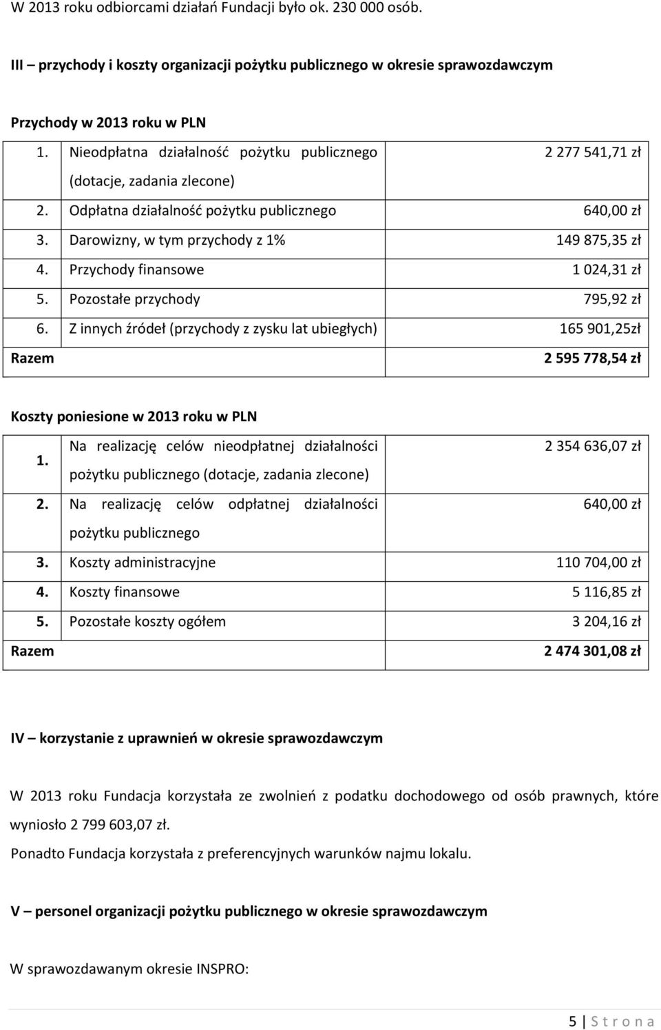 Przychody finansowe 1 024,31 zł 5. Pozostałe przychody 795,92 zł 6. Z innych źródeł (przychody z zysku lat ubiegłych) 165 901,25zł Razem 2 595 778,54 zł Koszty poniesione w 2013 roku w PLN 1.