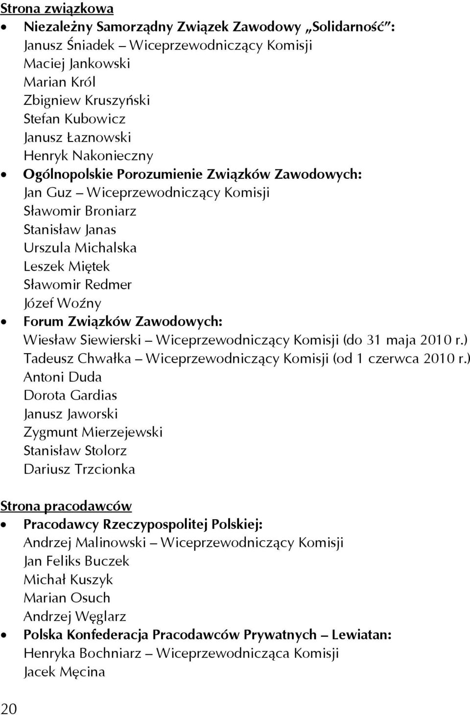 Forum Związków Zawodowych: Wiesław Siewierski Wiceprzewodniczący Komisji (do 31 maja 2010 r.) Tadeusz Chwałka Wiceprzewodniczący Komisji (od 1 czerwca 2010 r.