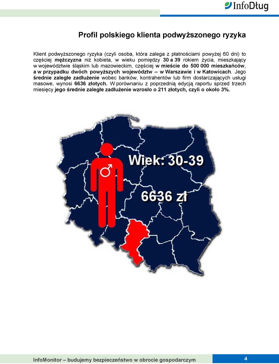 województw w Warszawie i w Katowicach. Jego średnie zaległe zadłużenie wobec banków, kontrahentów lub firm dostarczających usługi masowe, wynosi 6636 złotych.