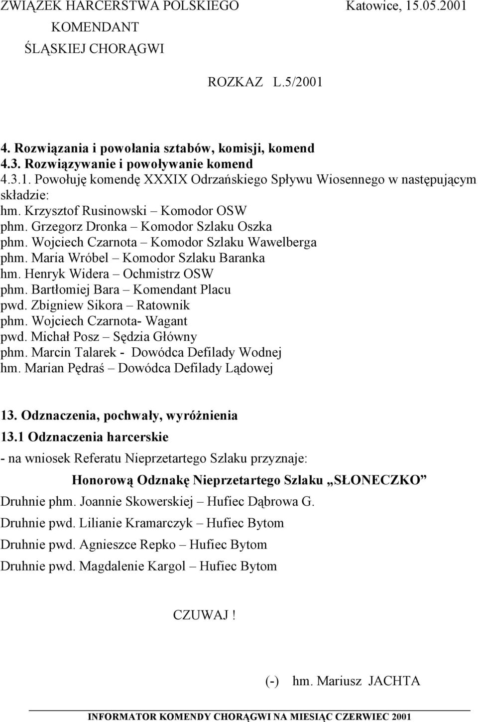 Henryk Widera Ochmistrz OSW phm. Bartłomiej Bara Komendant Placu pwd. Zbigniew Sikora Ratownik phm. Wojciech Czarnota- Wagant pwd. Michał Posz Sędzia Główny phm.