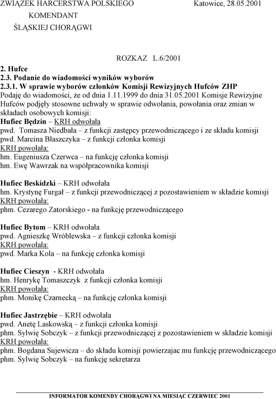 Tomasza Niedbała z funkcji zastępcy przewodniczącego i ze składu komisji pwd. Marcina Błaszczyka z funkcji członka komisji hm. Eugeniusza Czerwca na funkcję członka komisji hm.