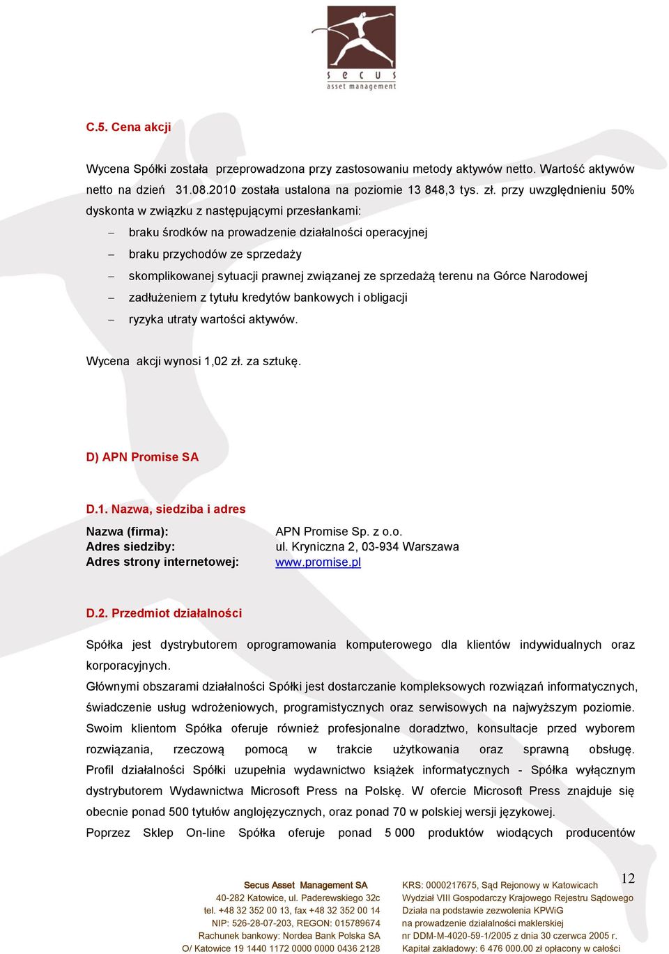 ze sprzedażą terenu na Górce Narodowej zadłużeniem z tytułu kredytów bankowych i obligacji ryzyka utraty wartości aktywów. Wycena akcji wynosi 1,