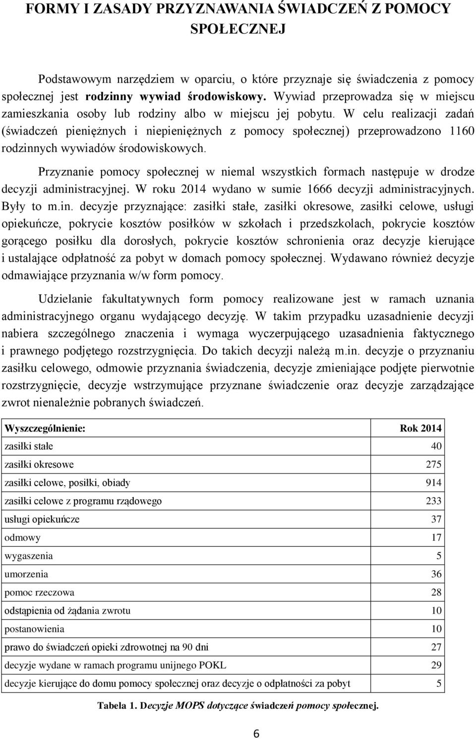 W celu realizacji zadań ( pieniężnych i niepieniężnych z pomocy społecznej) przeprowadzono 1160 rodzinnych wywiadów środowiskowych.