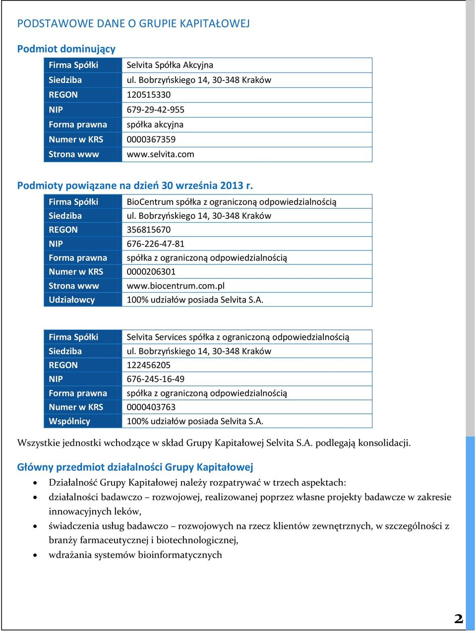 Firma Spółki Siedziba REGON 356815670 BioCentrum spółka z ograniczoną odpowiedzialnością ul.