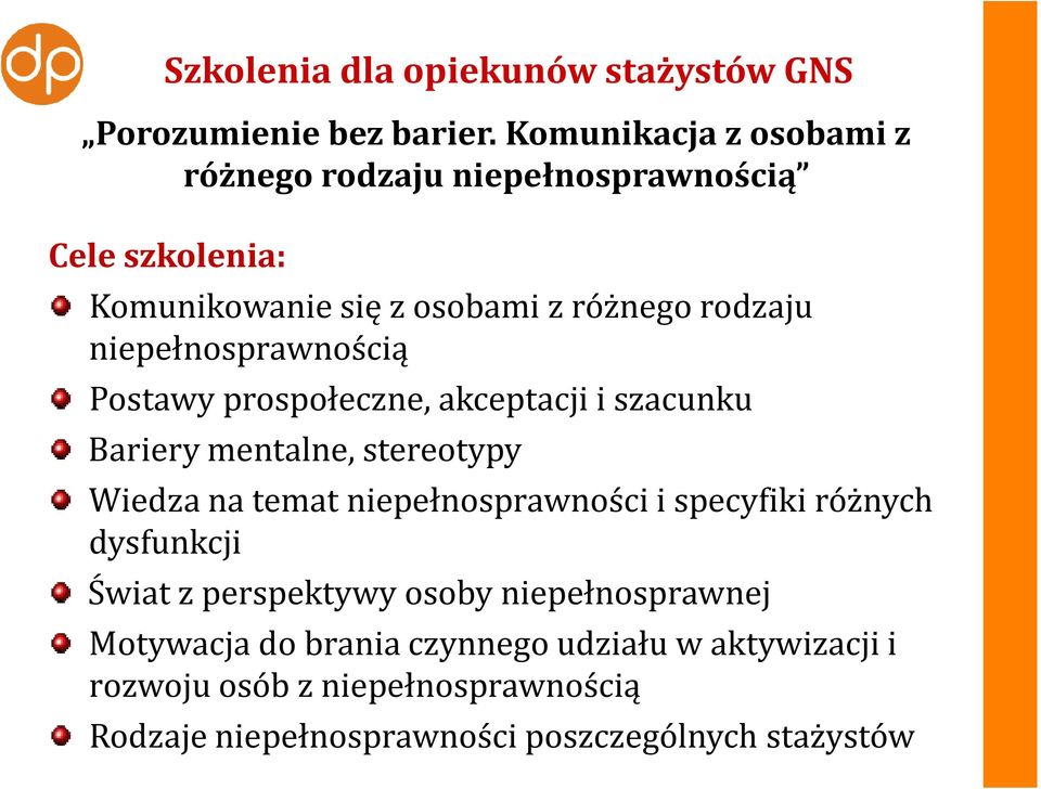 niepełnosprawnością Postawy prospołeczne, akceptacji i szacunku Bariery mentalne, stereotypy Wiedza na temat niepełnosprawności i