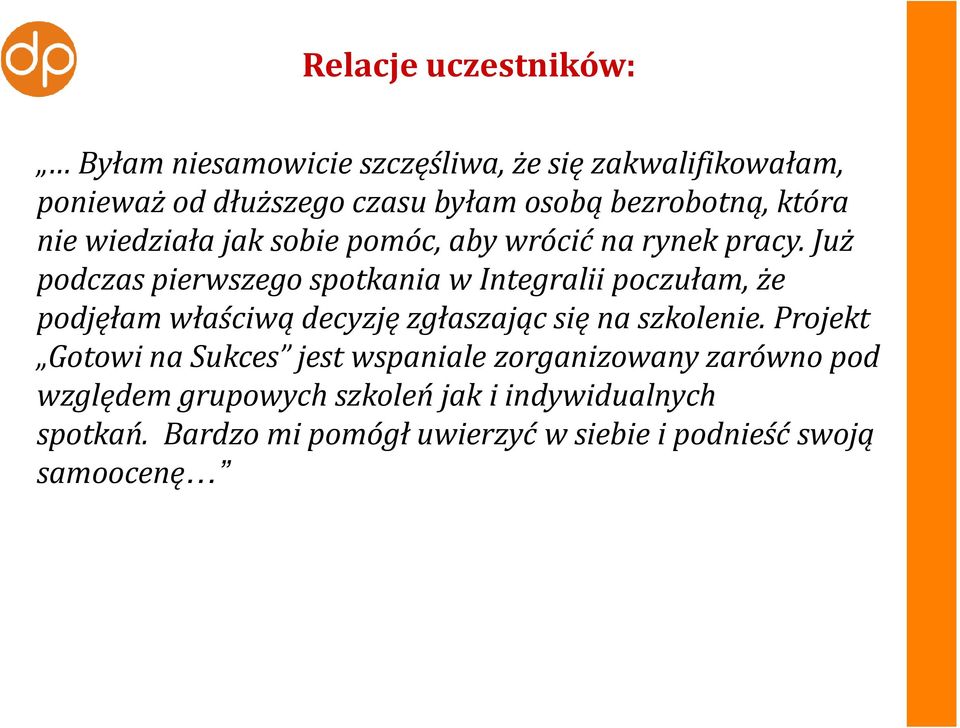 Już podczas pierwszego spotkania w Integralii poczułam, że podjęłam właściwą decyzję zgłaszając się na szkolenie.